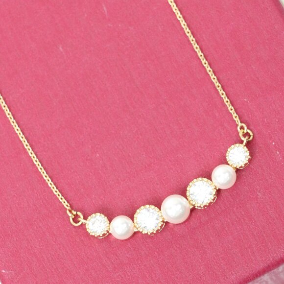 "Rose Gold Necklace with Alternating Pearls and Crystals , XPNL0170 - Picture 1 of 13